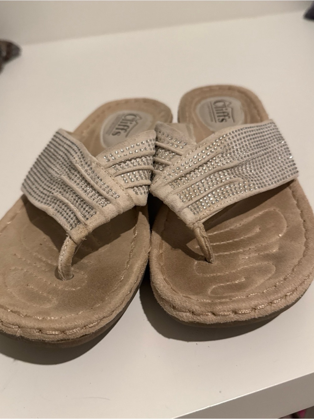 Women Cliffs by White Mountain sandals. 7 Cream & Rhinestone Toe-Post Sandals